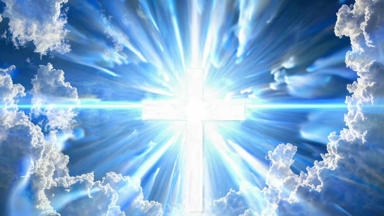 Heavenly cross amidst clouds, viewed from below. Radiant light beams create a divine, ethereal