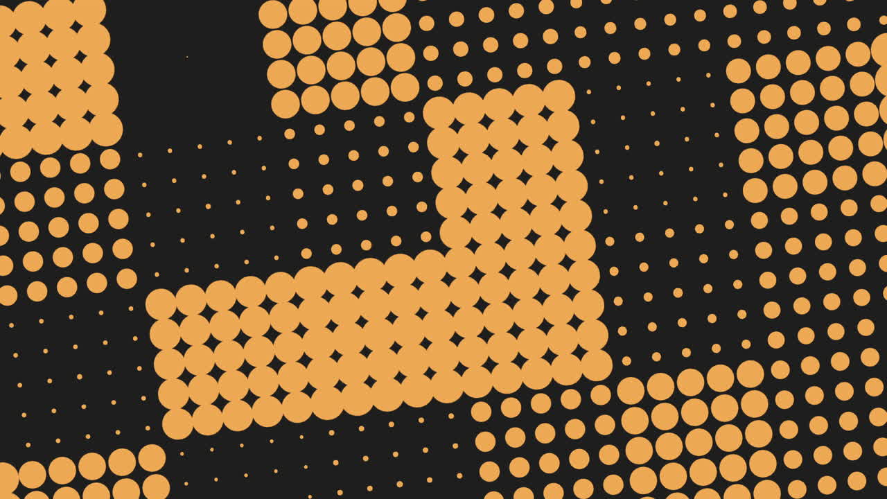 Sømløs retro-stil geometrisk prikmønsterbaggrund med markante orange cirkler og diamanter på en mørk baggrund, ideel til motion graphics, præsentationer, sociale medier og digitale designprojekter