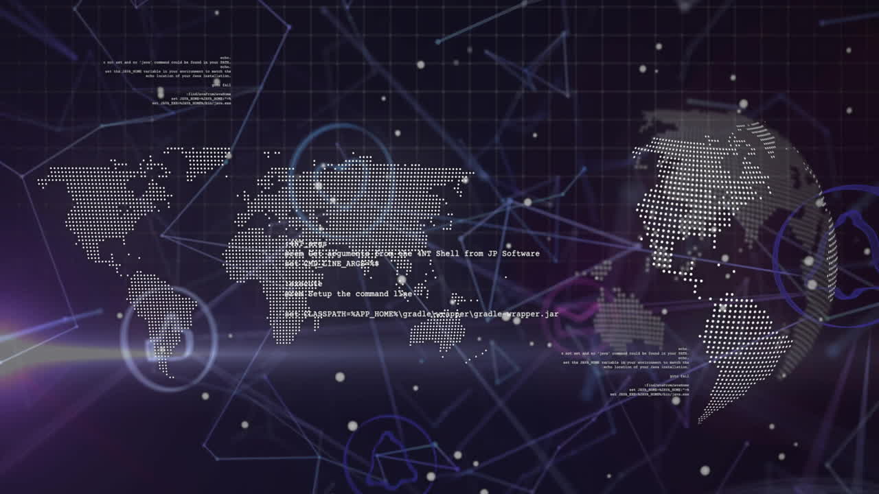 Animation of digital data processing over globe and connections on black background