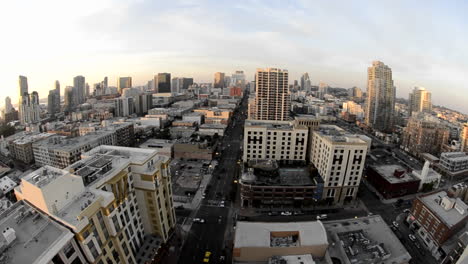 panning view of downtown san diego from above in the national historic district in the gaslamp quarters in san diego california