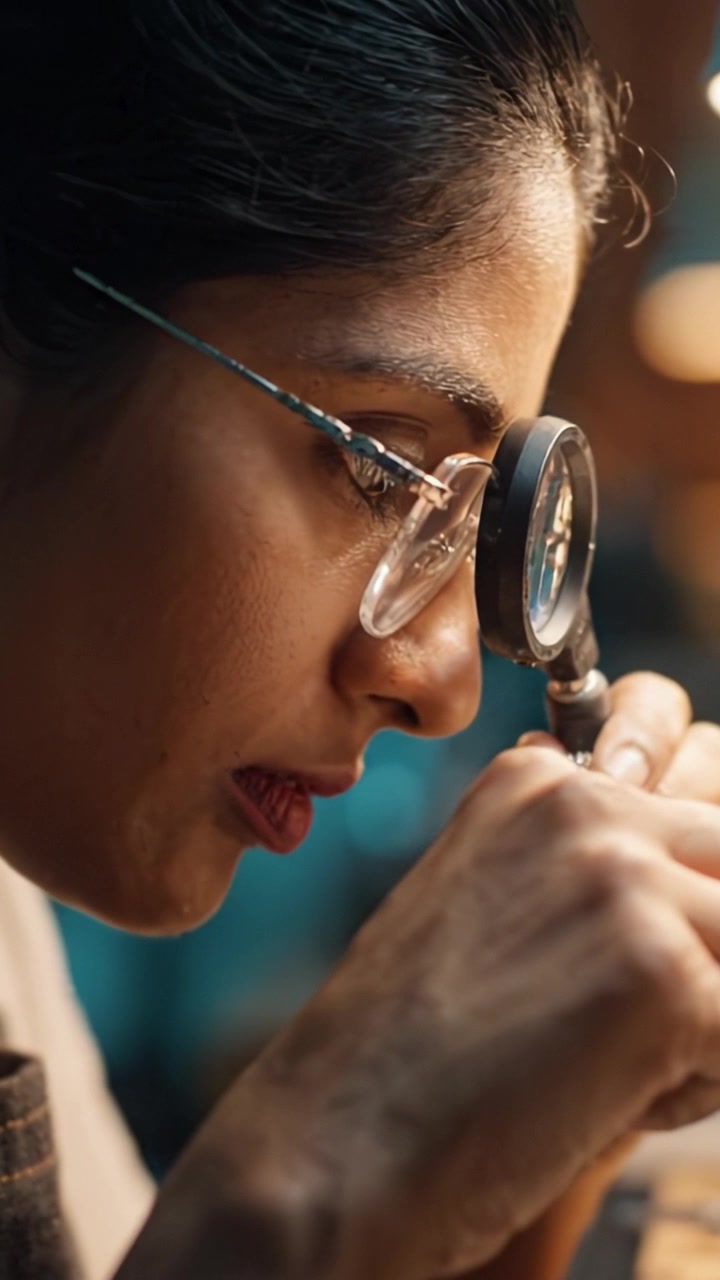 A Skilled Artisan Focused on Intricate Jewelry Design and Craftsmanship Under the Soft Glow of a Workshop Light, Employing Precision Tools for Detail-Oriented Work