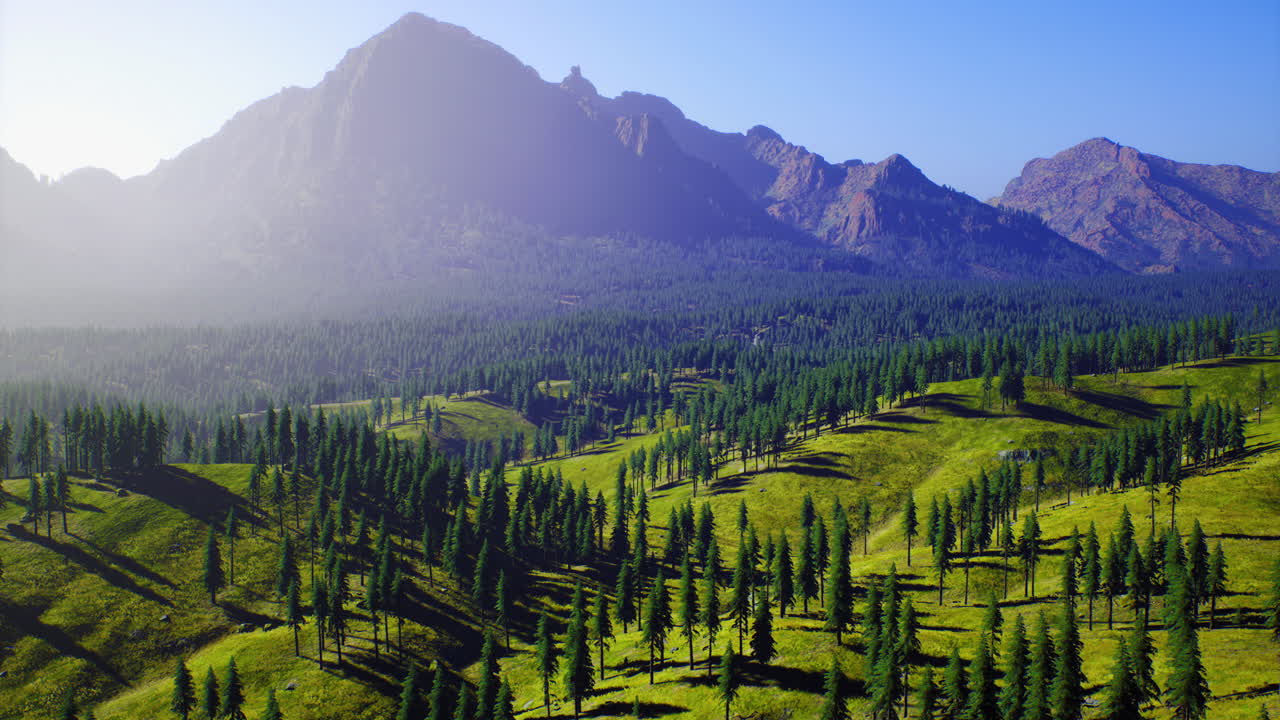 Expansive green landscape with mountains and sunlight in clear sky
