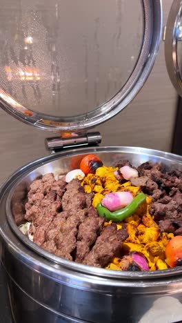 hot steam rises from a shiny buffet tray filled with grilled kebabs, juicy chicken tikka, and roasted veggies. captured in crisp vertical 4k, ideal for food and hospitality content.