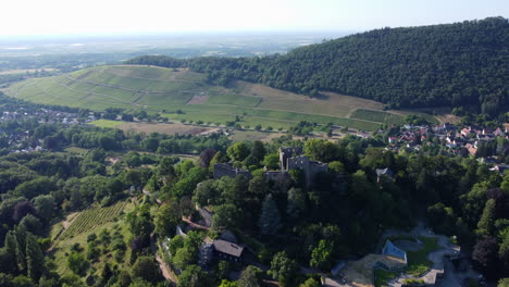 Aerial-view-of-ancient-Badenweiler-castle-ruins-overlooking-the-spa-town