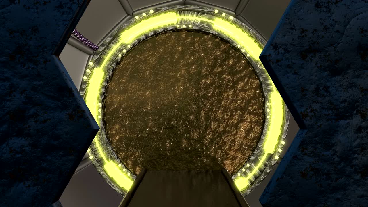 iron rusty hatch는 우주선 풍경 장면에 대한 파노라마 뷰를 열고, 포털과 함께 공상 과학 복도의 3d 추상적인 배경, 기술 제목과 배경에 대한 미래 기술 추상적 vj.