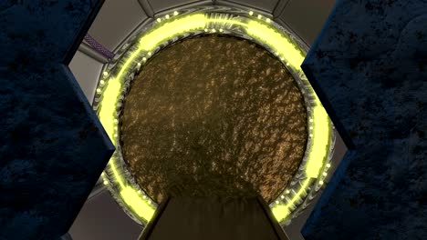 iron rusty hatch opens panoramic view to the spaceship landscape scene. 3d abstract background of sci-fi corridor with portal. futuristic technology abstract vj for tech titles and background.