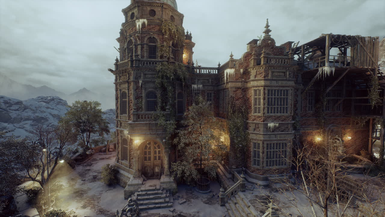Charming building adorned with balconies and turrets under cool evening sky