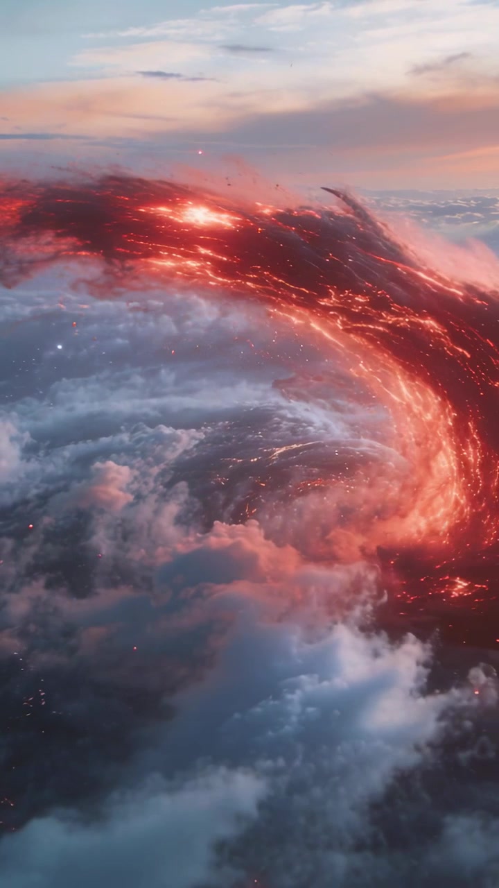 Vertical video: Brightening by sunrise light, glowing red arc curling above clouds, trailing embers