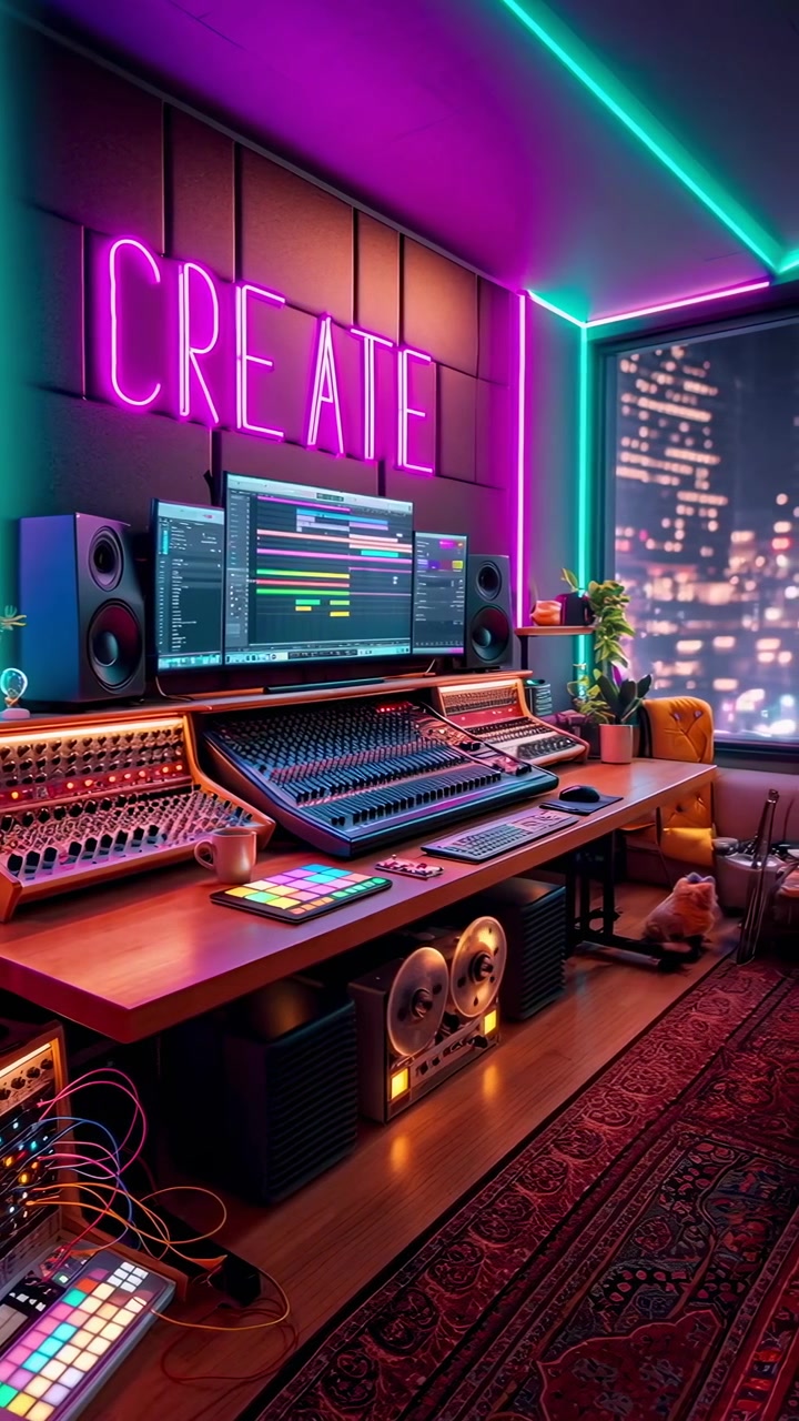 Modern Music Production Studio with Neon Lighting and City View