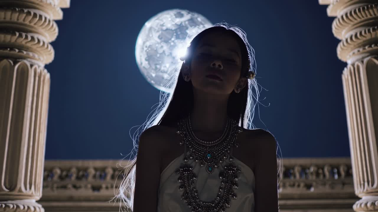 Bathed in the ethereal glow of a full moon, a young priestess stands serenely between temple columns, eyes closed in deep meditation, embodying tranquility and spiritual connection