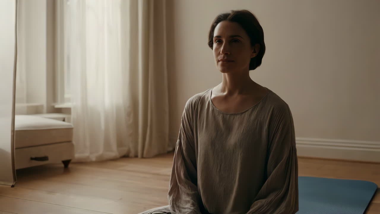 mujer meditando en un entorno doméstico pacífico