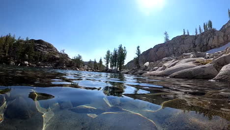 crystal clear water in alpine lake on sunny summer day, diver pov