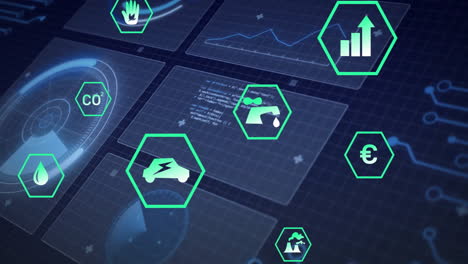 iconos hexagonales que representan tecnologías y animación de procesamiento de datos a través de una interfaz digital