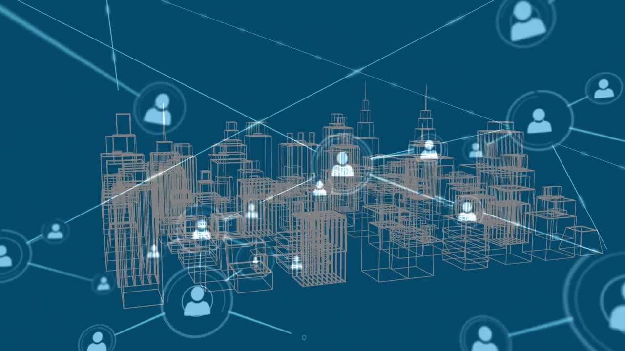 Animation of network of connections with media icons over city on blue background