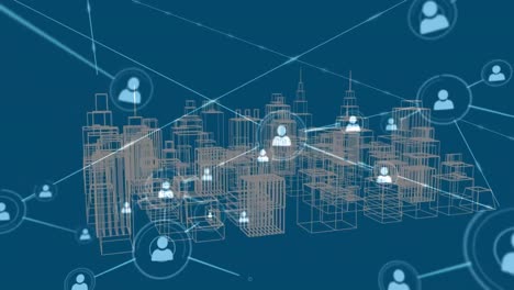 animación de la red de conexiones con iconos de medios sobre la ciudad sobre fondo azul