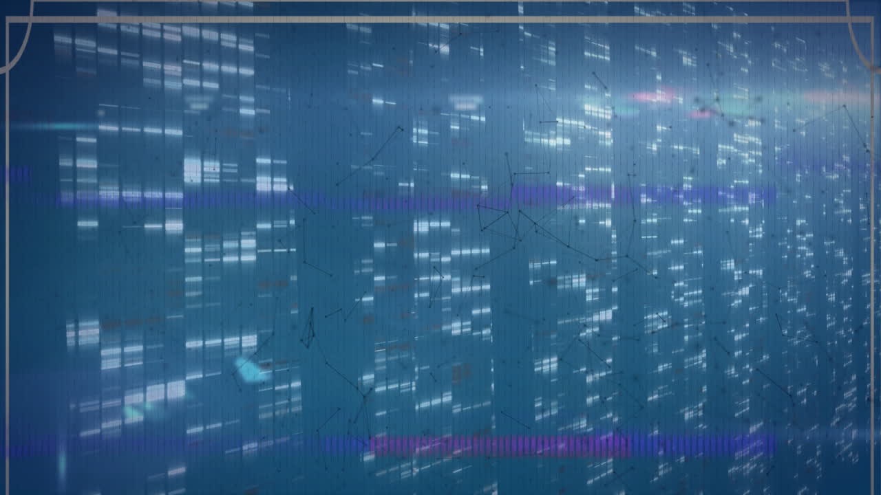 Animation of digital data streams forming patterns on blue background in school