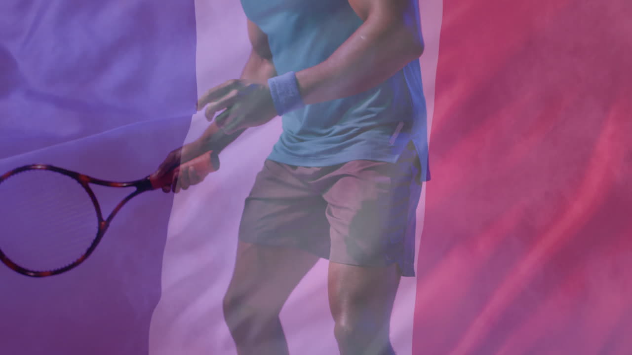 animación de la bandera de francia sobre un jugador de tenis afroamericano