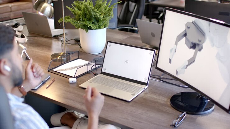 Mand arbejder på robotprojekt, bruger bærbar computer og skærm på moderne kontor, med plads til tekst