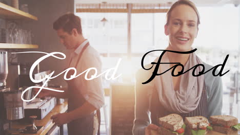good food text animation over people preparing and serving sandwiches in cafe