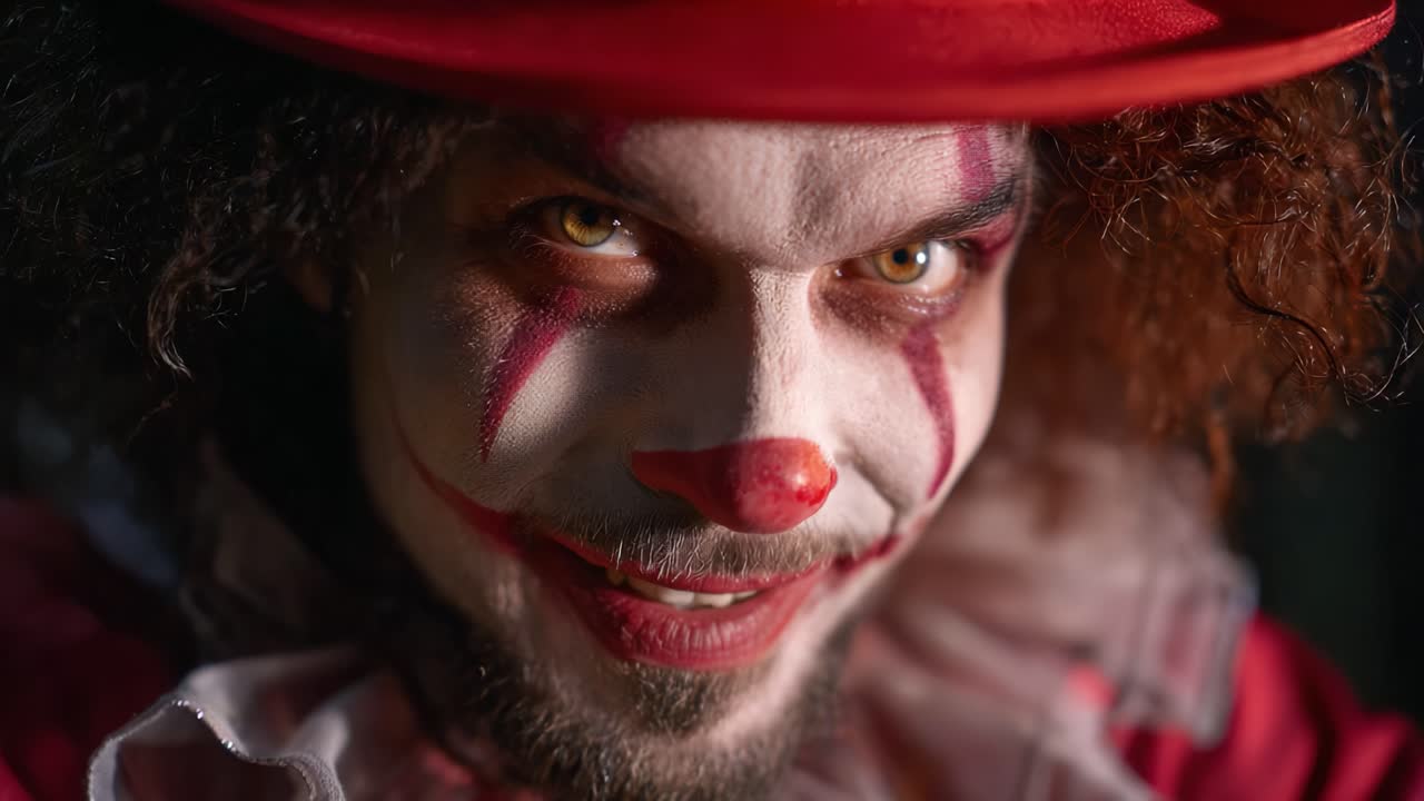 A Captivating Clown with Intriguing Expression: Showcasing the Enigmatic Allure of a Performer Embracing the Mystique of Circus Culture and Performative Artistry