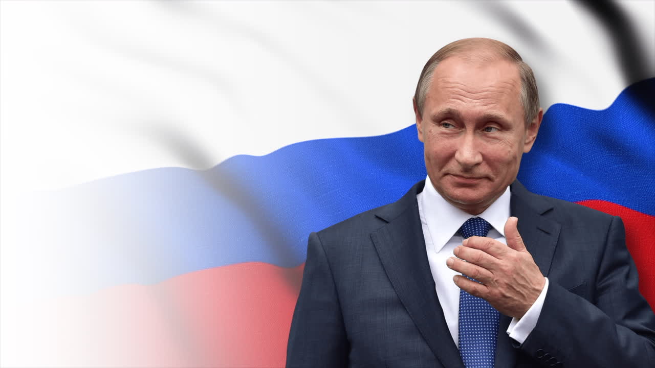 Vladimir Putin portrait with Russian flag | Premium Stock Video Footage