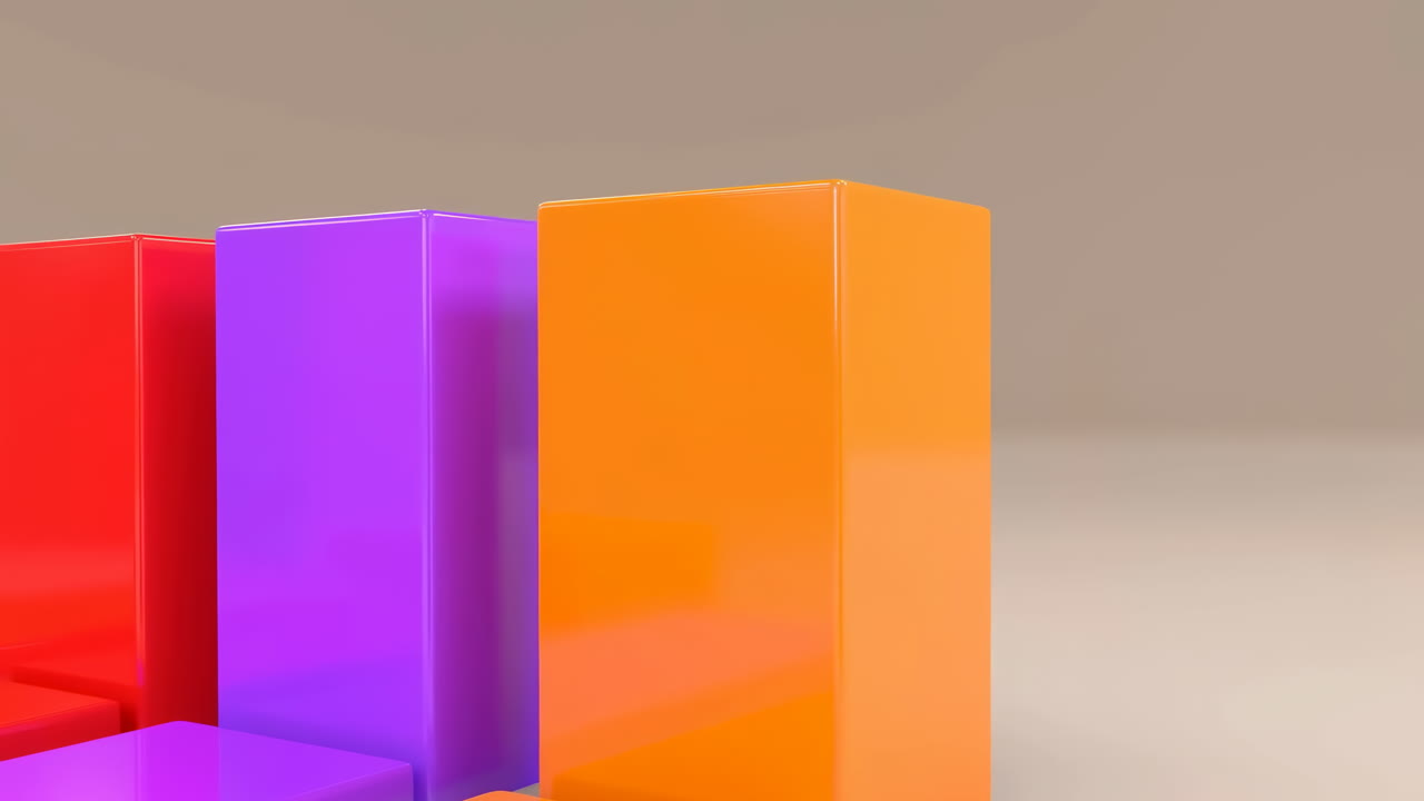 Colorful Glossy Blocks On Beige Background, Smooth Orange Purple Red Green Panels Slide Into View Forming