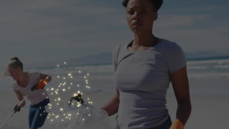 cleaning beach, woman with glowing green animation, promoting environmental action