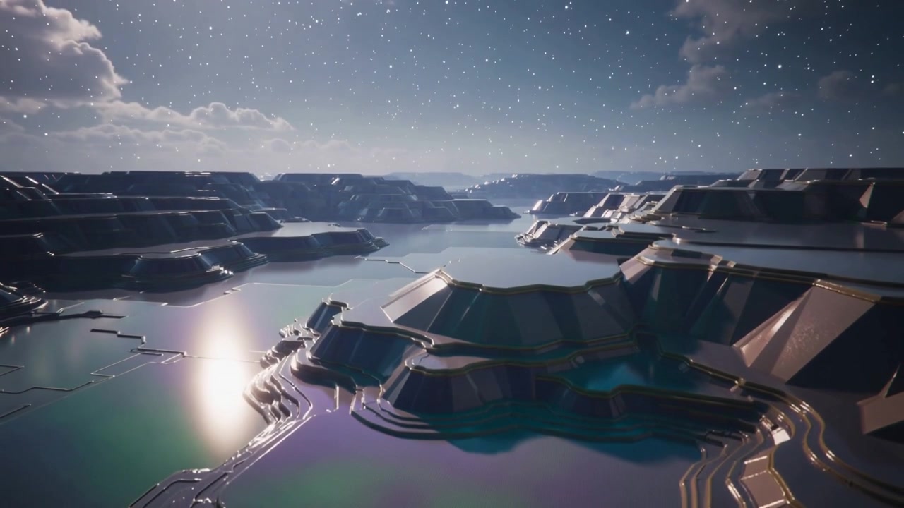Panning drone revealing terraced promontory and iridescent glossy water at canyon, showing scale