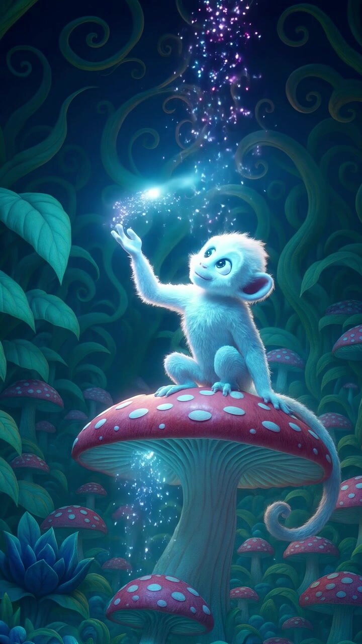 Simpatica scimmia bianca seduta su un fungo magico in una foresta luminosa