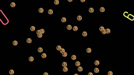 Animation-of-floating-numbers,-letters-and-emojis-on-black-background