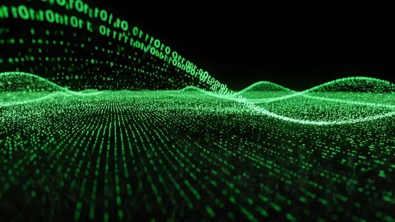 A Dynamic Display of Digital Data Waves: Visualizing Binary Code in a Futuristic Environment with Glowing Green Particles and Flowing Patterns