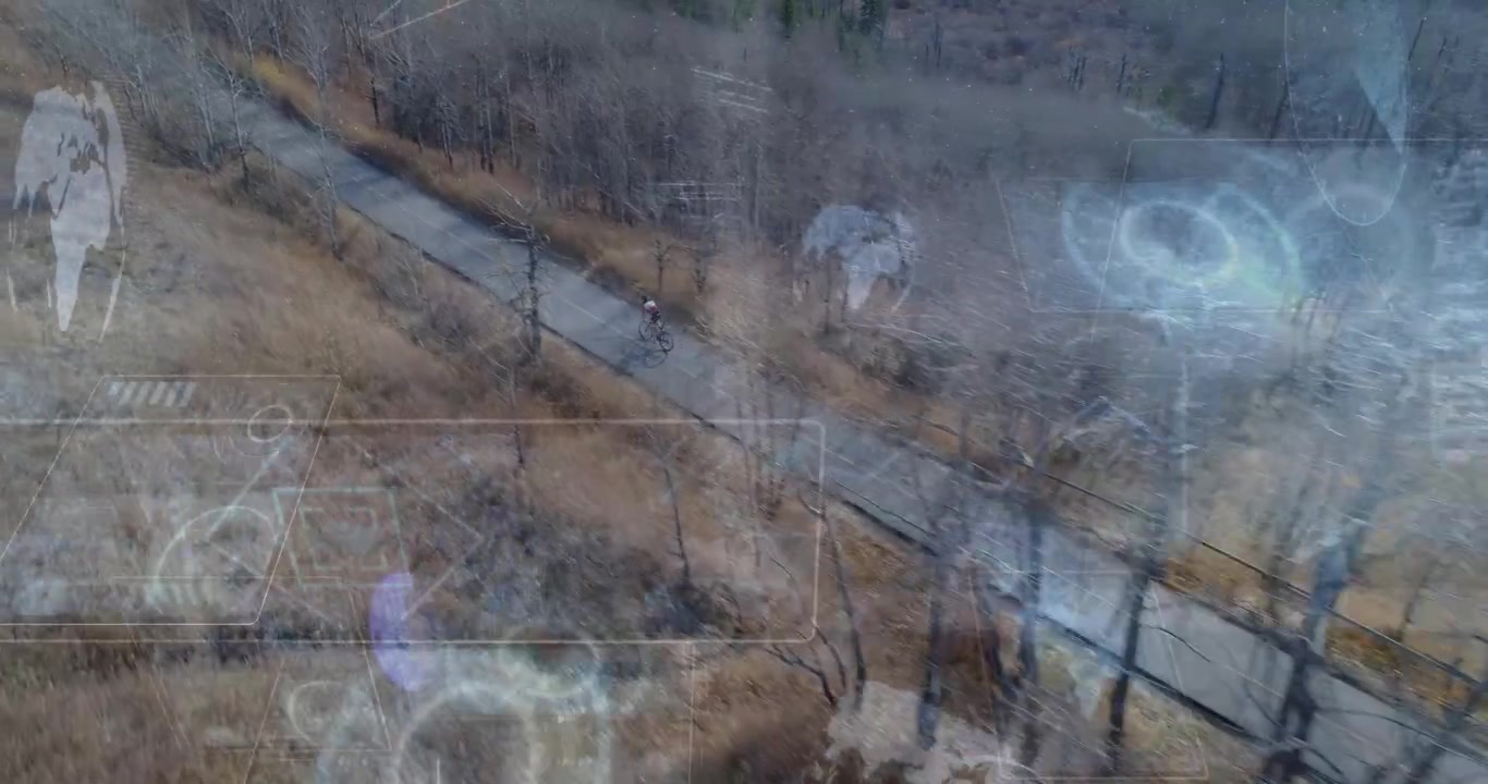 Drone descending over marsh showing winding road, fir, growing faint circles, purple bars for tech