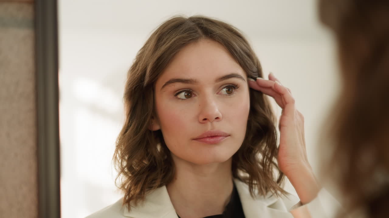 mujer ajusta el cabello de jengibre y toca la piel después del maquillaje