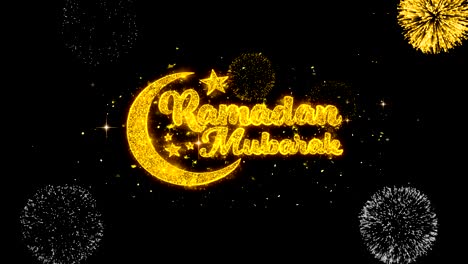 ramadan mubarak text wunsch enthüllen auf glitter goldene partikel feuerwerk.