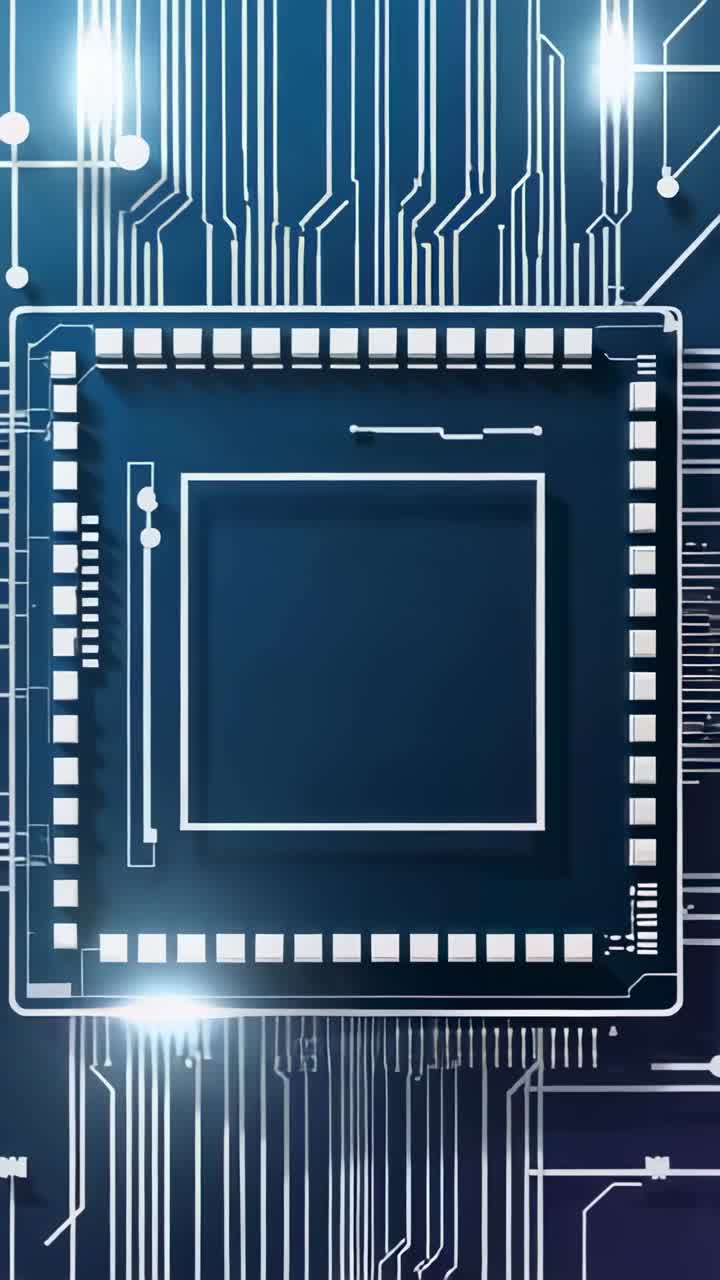 Vertical video: Sending pulse on microchip on circuit board, igniting nodes and syncing data flow