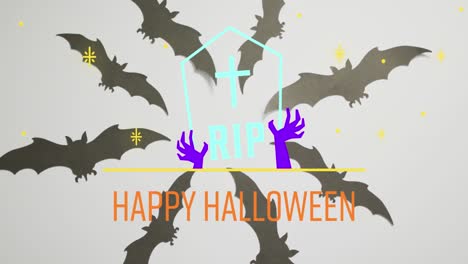 Animación-De-Texto-De-Feliz-Halloween-Sobre-Lápida-Y-Murciélagos
