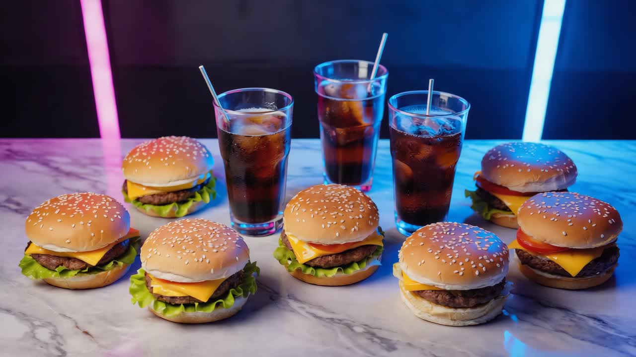 Burgers and Cola on Marble Table with Neon Lights