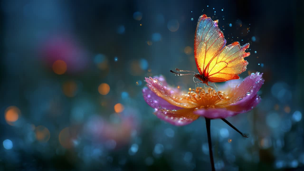 A Vibrant Butterfly Resting on a Blooming Flower, Captivating the Essence of Nature's Beauty with Soft Bokeh and Glimmering Water Droplets in the Background