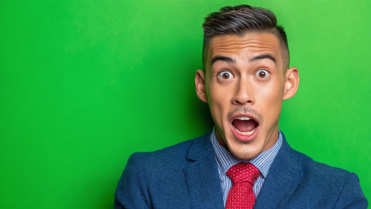 Reazione sorprendente catturata in due fotogrammi: un uomo sorpreso mostra il suo shock e incredulità su uno sfondo verde vivido, suscitando curiosità e intrigo.