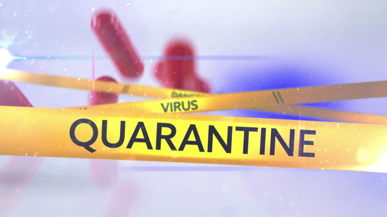 Animation of police tapes with texts Danger Virus Quarantine over falling pills