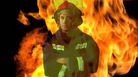 Animation-of-biracial-male-firefighter-over-fire-on-black-background