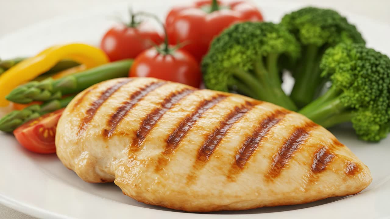 Grilled Chicken Breast Accompanied by Fresh Vegetables: A Healthy Meal Presentation with Broccoli, Cherry Tomatoes, and Asparagus on a Plate