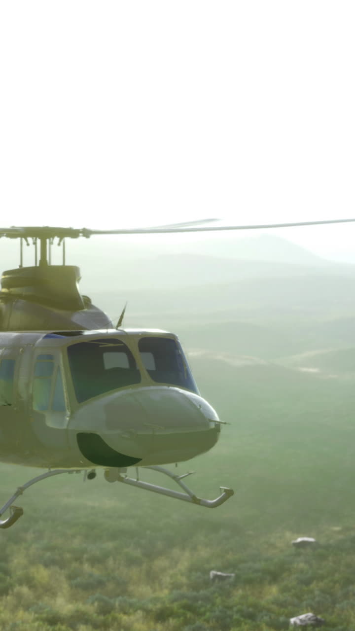 Helicopter soaring above a verdant landscape at golden hour in serene flight