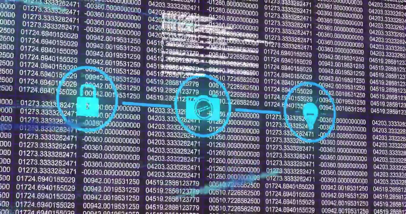 Animation of digital data processing over network of connections with icons on black background