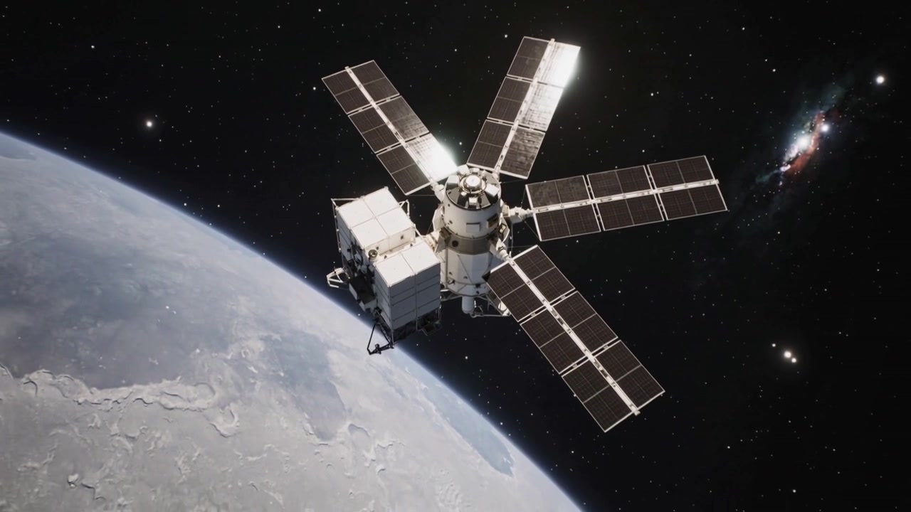 Cámara alejándose mostrando una nave no tripulada orbitando el limbo planetario, con cápsula de carga y paneles solares girando.