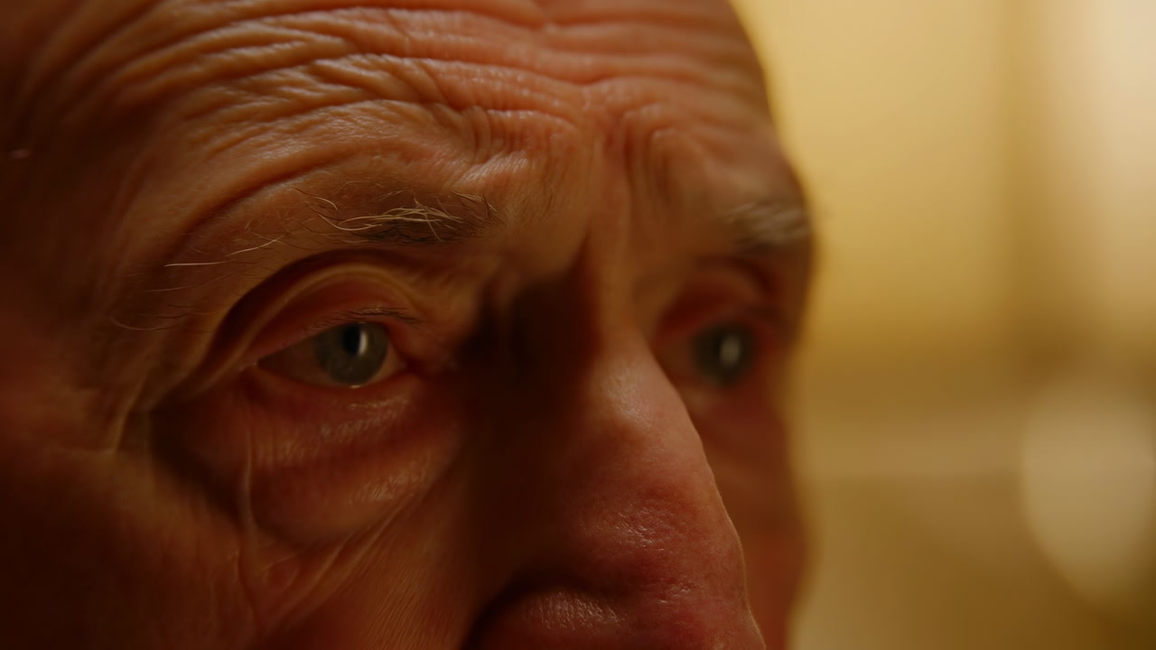 Closeup Elderly White Man Contemplative Eyes In Warm Golden Light, Deep Forehead Wrinkles, Watery Green Eyes,