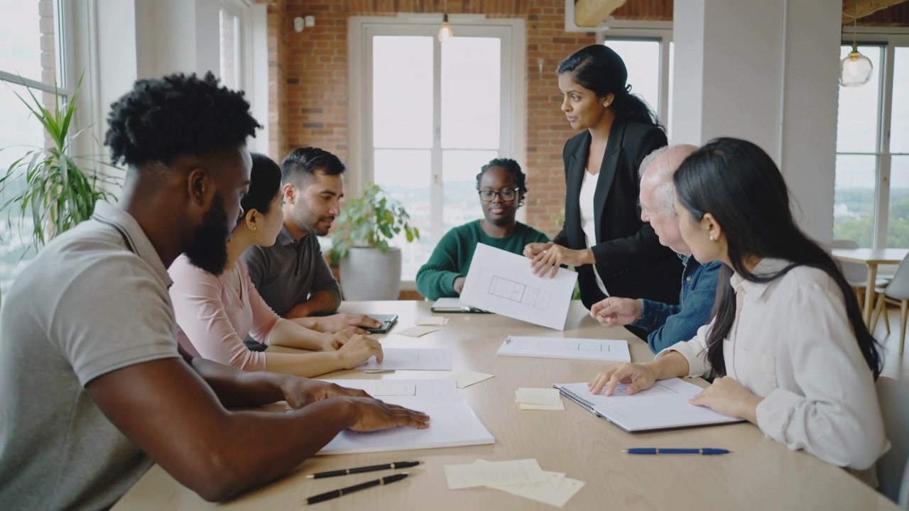 Rising presenter wearing dark blazer handing diagrams to team at room table for review