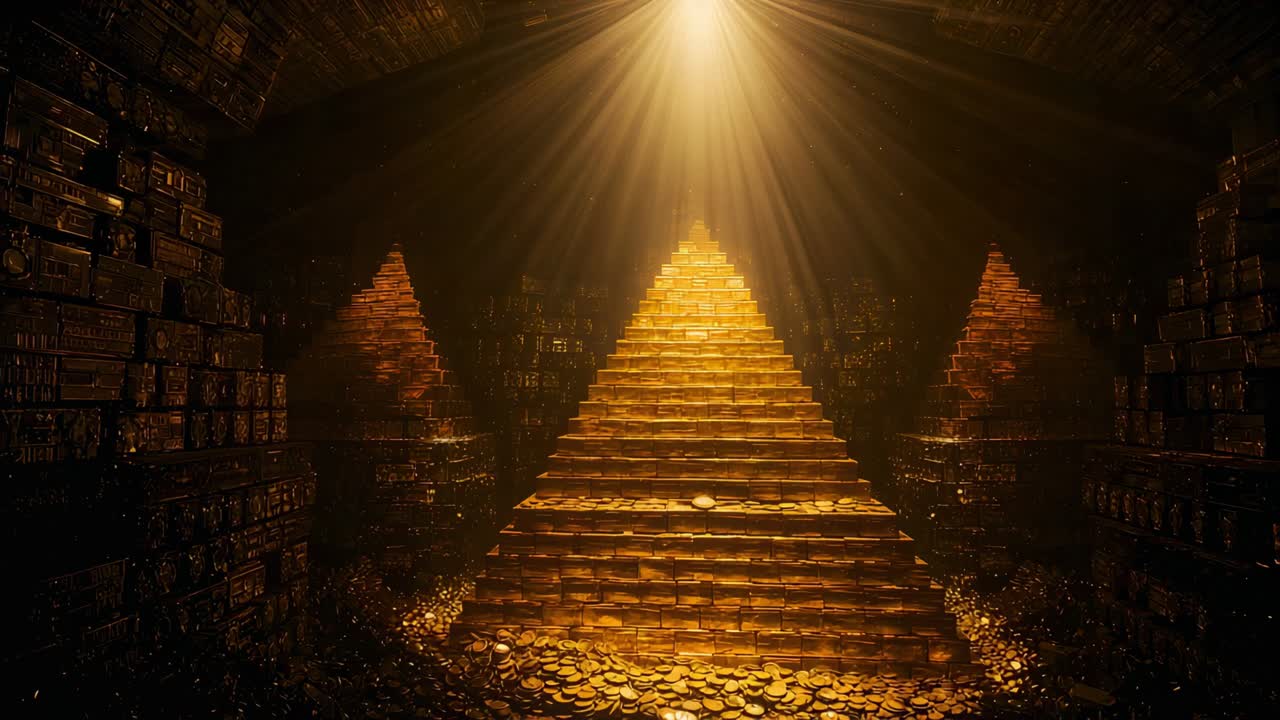 Luce del soffitto che emette un raggio, colpendo una piramide d'oro centrale, illuminando le monete nel caveau.