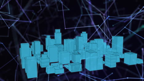 animation of network of connections over 3d blue city model on blue background