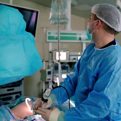 medical procedure in the operating room. professional doctors use modern medical equipment during surgery to a patient in hospital.